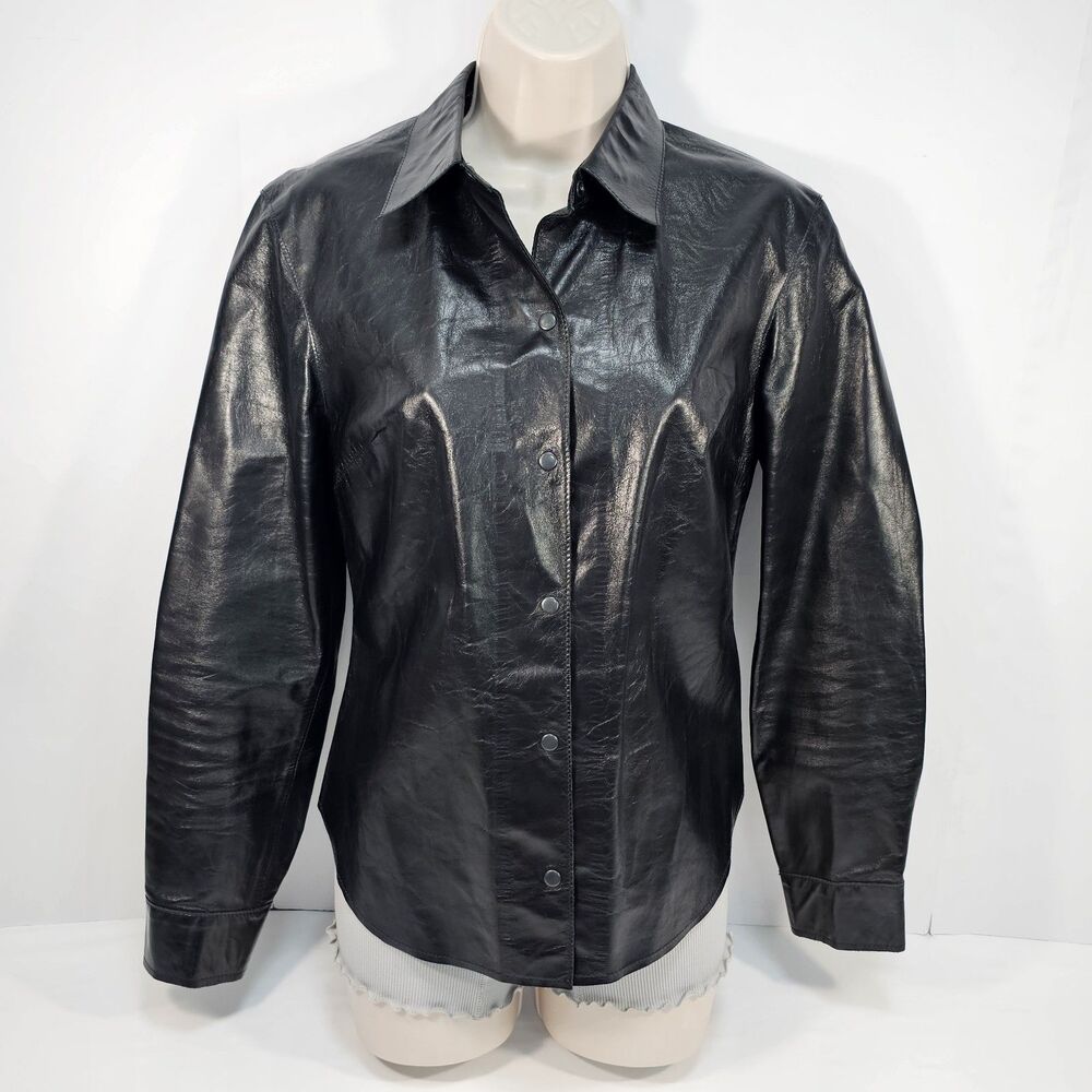 Vintage Express Black Genuine Leather Shacket Snap Front Button Up Jacket Sz 7/8
